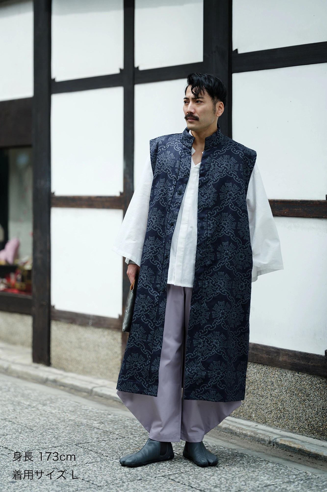 Linen Twill Weave Long Jinbaori Single Layer／Continuation of Arrow Wheel-Recreation Dark Navy
