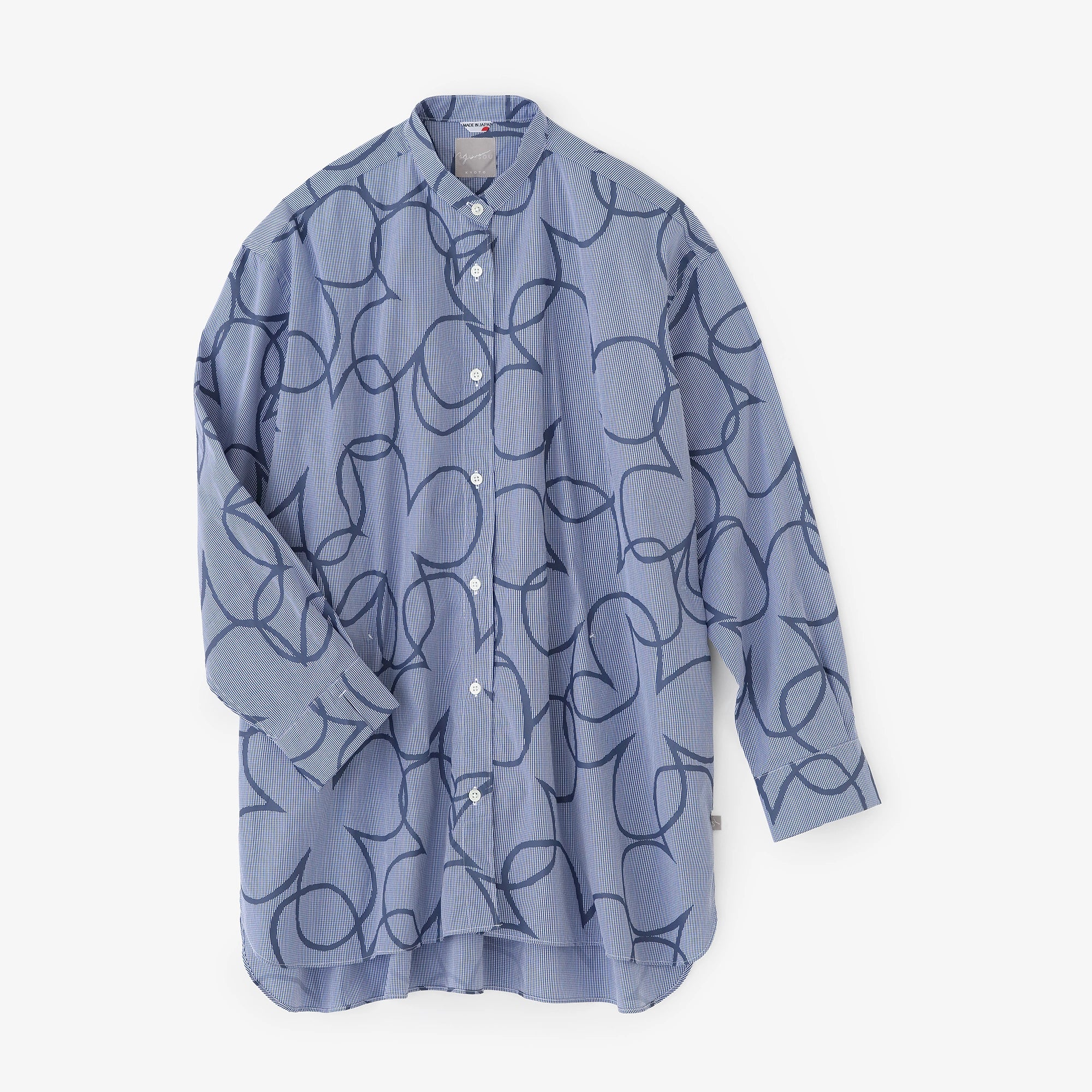 Superlanges Baumwoll-Tunikahemd mit Stehkragen R.H./Happiness Blue Pin Check