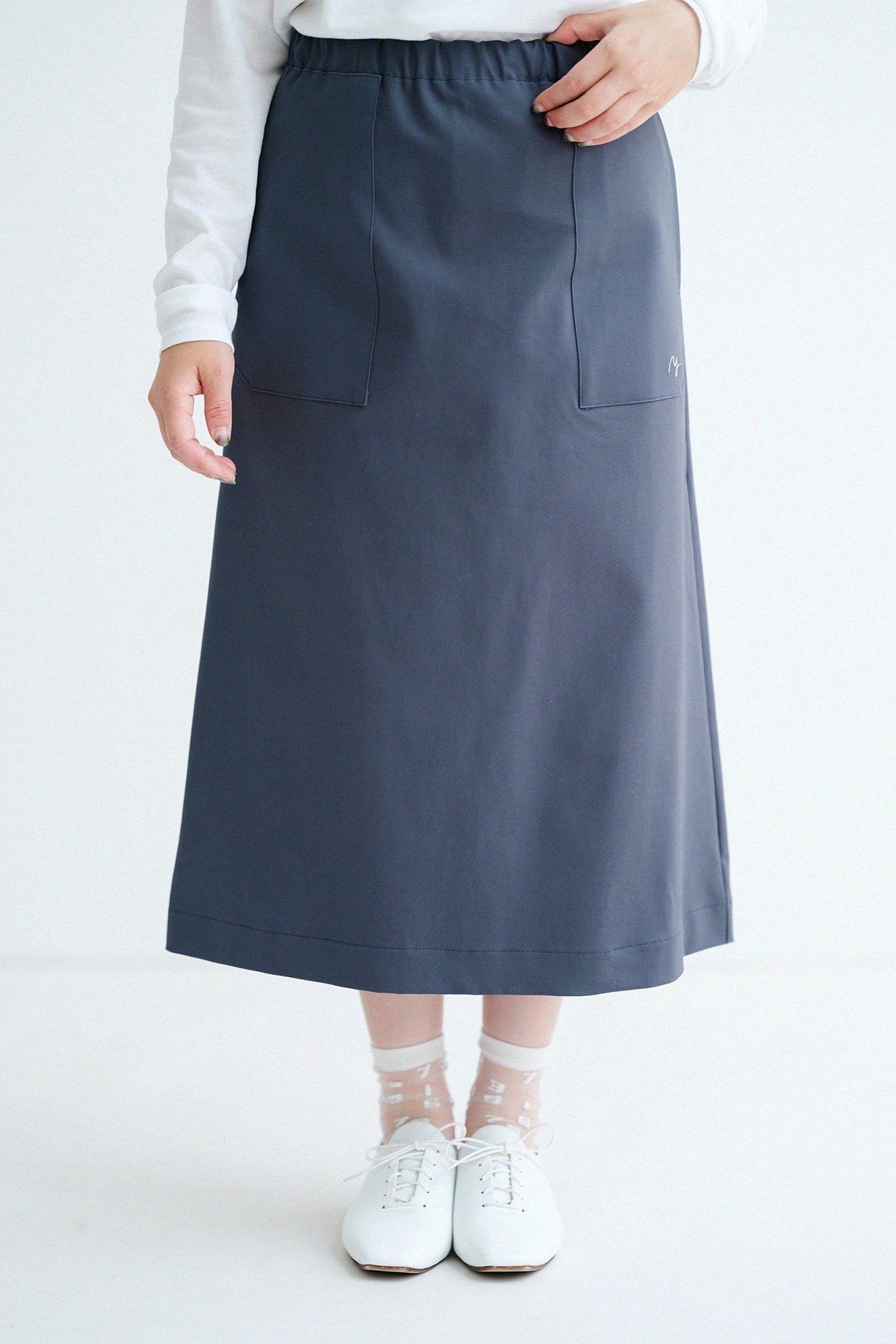 Double Cloth Stretch Tight Skirt Midi Length／River Blue