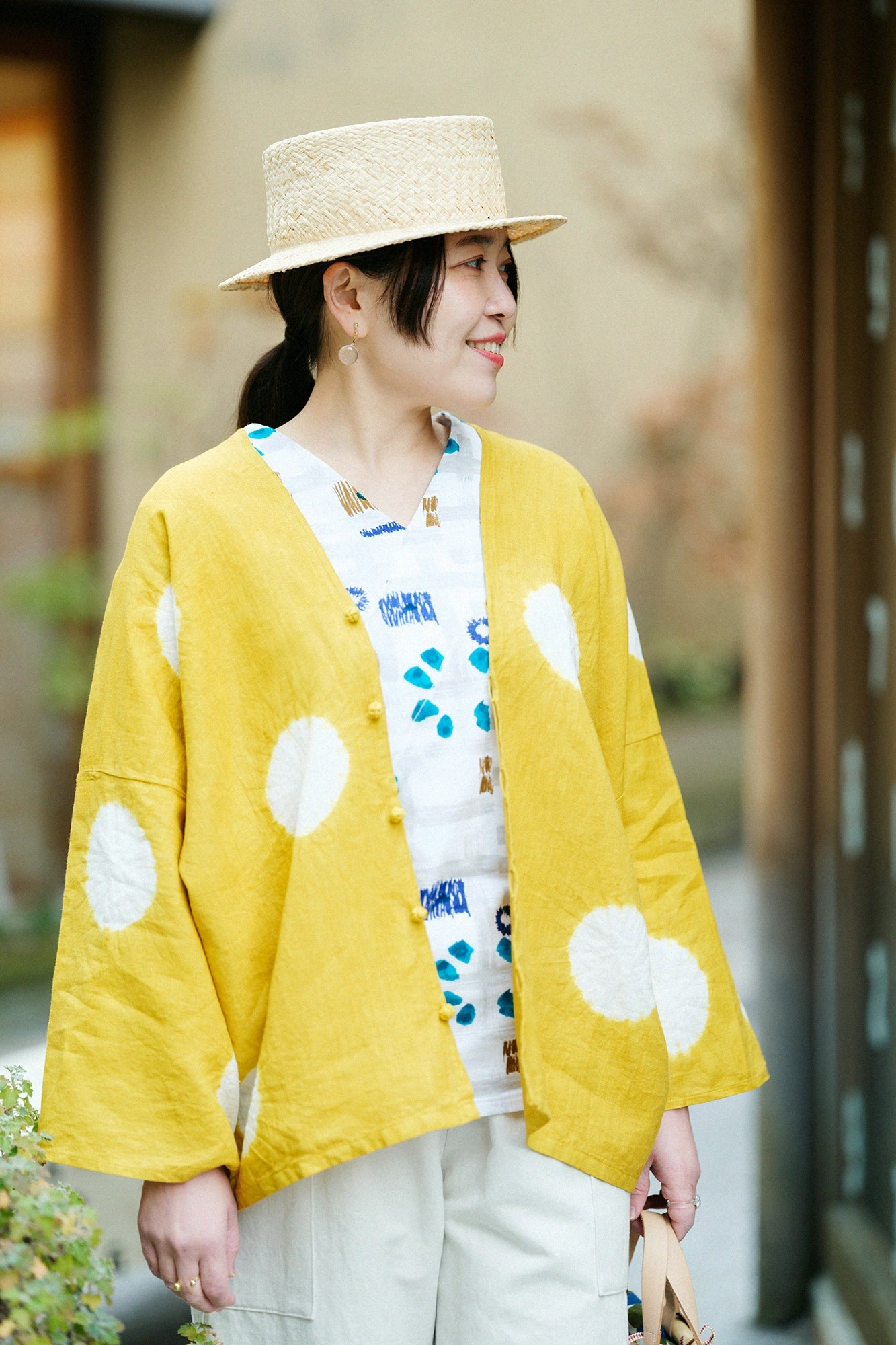 近清絞り 麻 はつき／水玉大（みずたまだい） 芥子色（からしいろ）×つくも