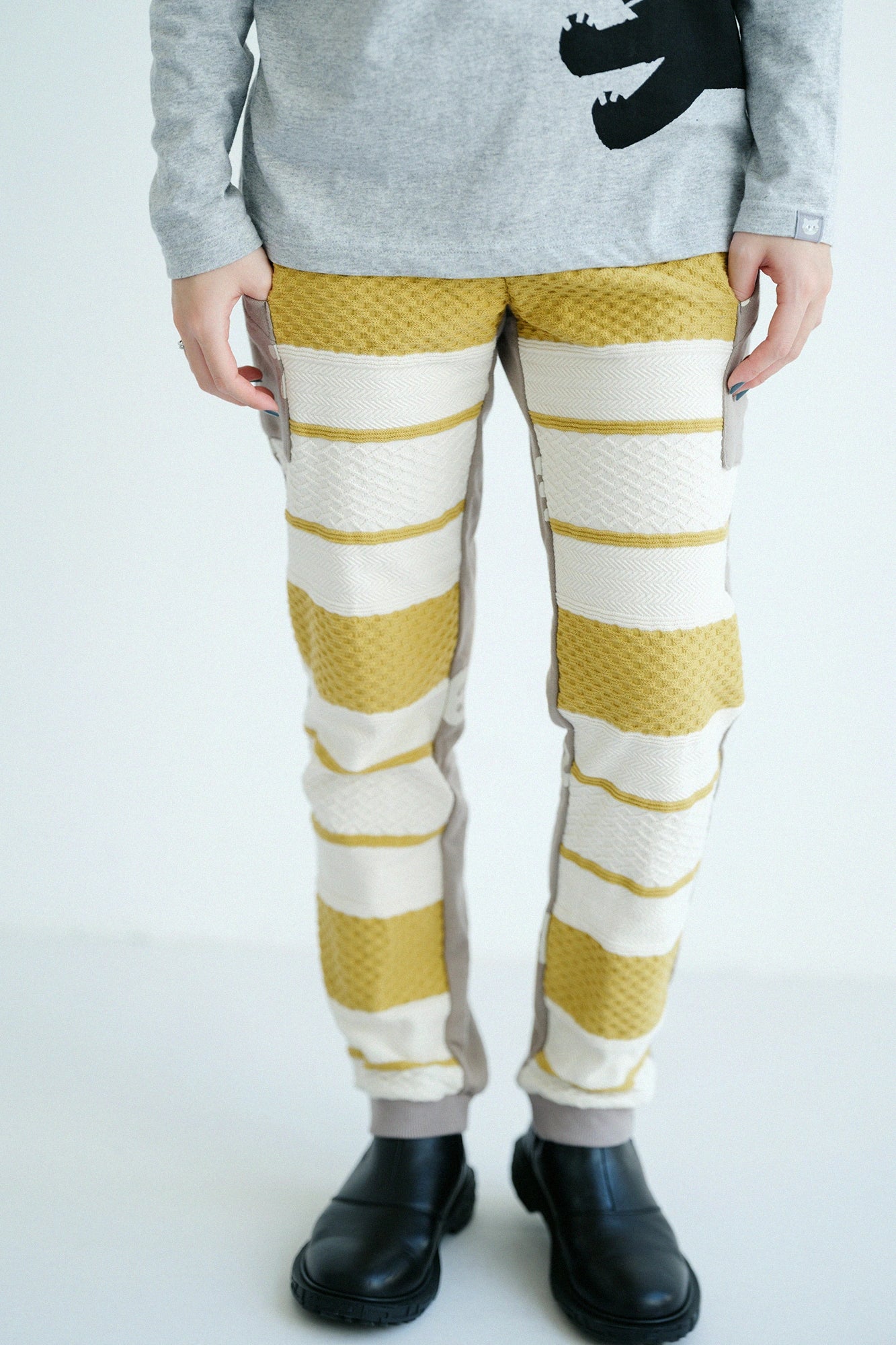  Zopfmuster-Jacquard x Fleece-BIKE-Hose/Ecru/gelber Rand xSO-SU-U