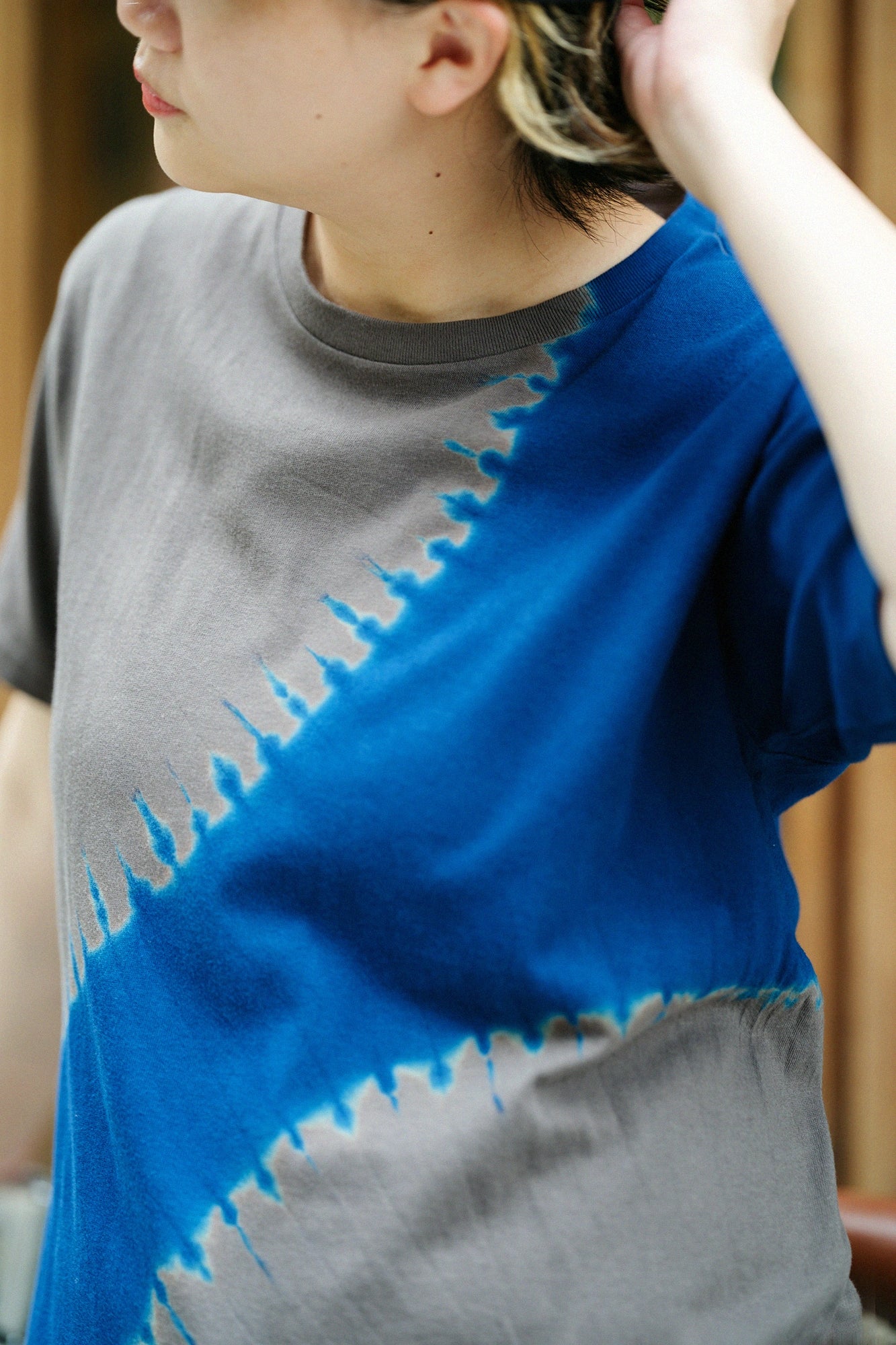 T-shirt à manches courtes bicolore <span data-glossary-id="">près de Shibori</span>[5.0] / Prunelle × bleu marine 