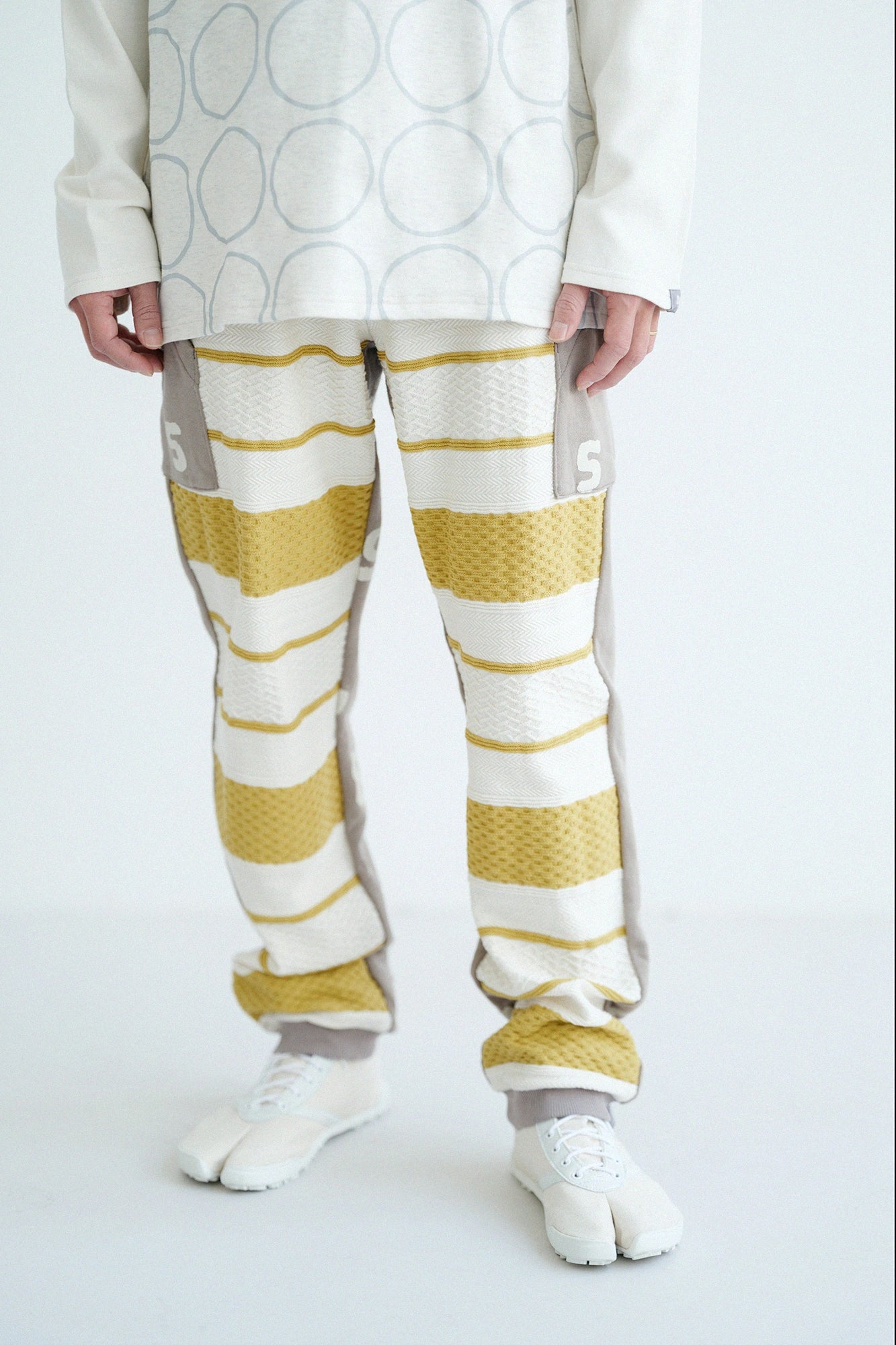  Zopfmuster-Jacquard x Fleece-BIKE-Hose/Ecru/gelber Rand xSO-SU-U