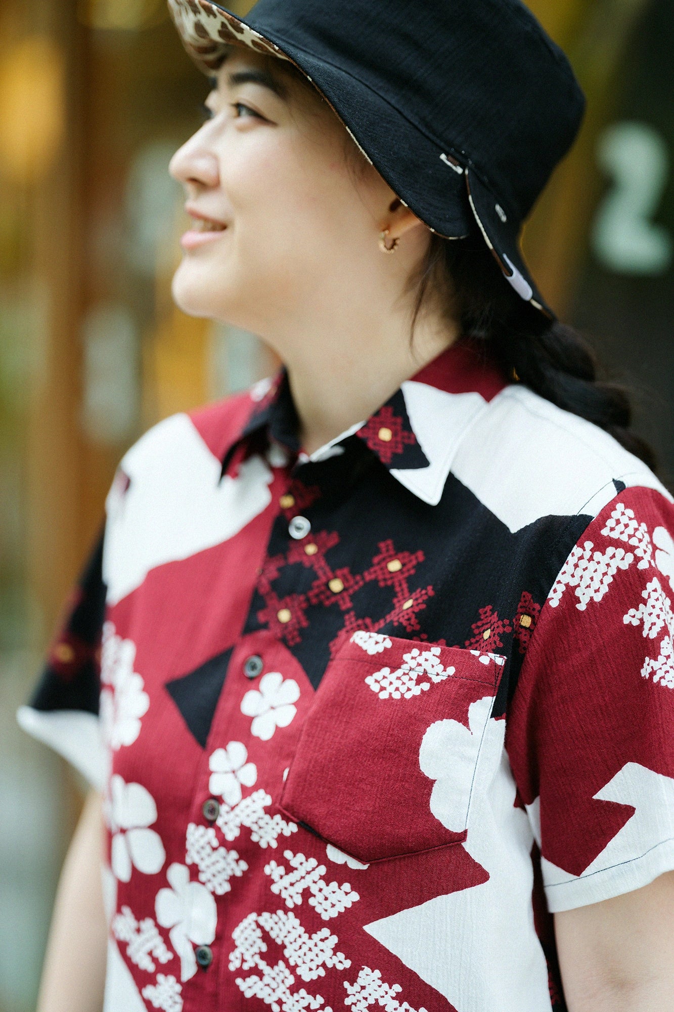 Chemise à manches mi-longues Takashima Shrink 20/20 / petits nuages blancs (Kobanagumo) motif losanges changeants (Kawaribishi Tsunagi Moyō) photoprint (Utsushi) 