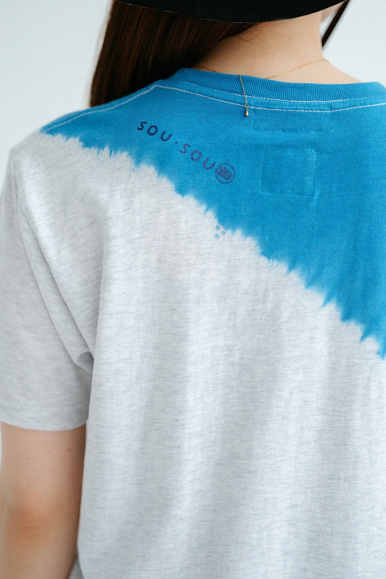 Vorwäsche-gefärbtes, farblich abgesetztes T-Shirt mit halben Ärmeln [5.0] / Messenger Ivori×Türkisblau 