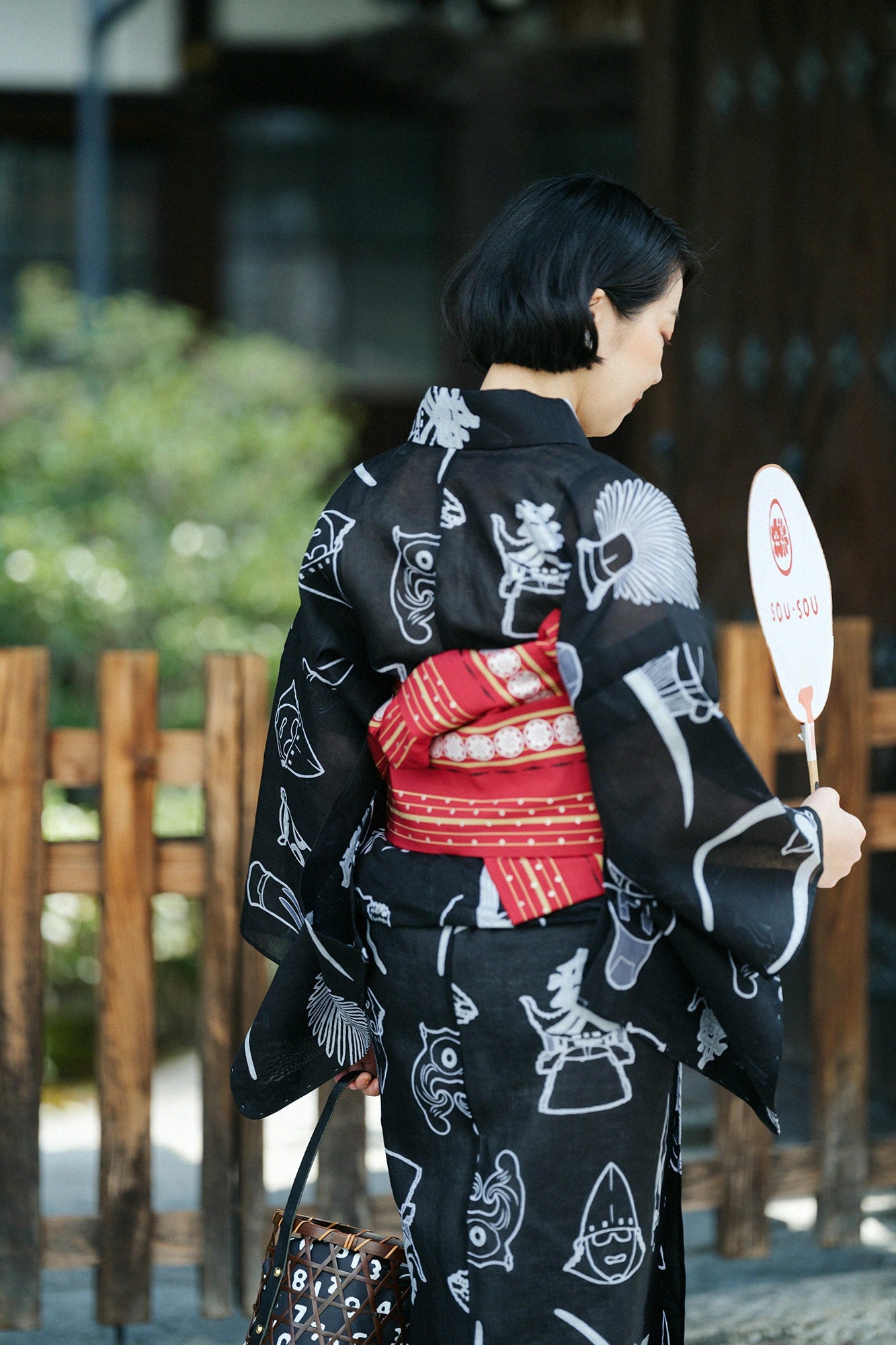 Hakata 반 넓은 작은 가방 OBI/빨강색