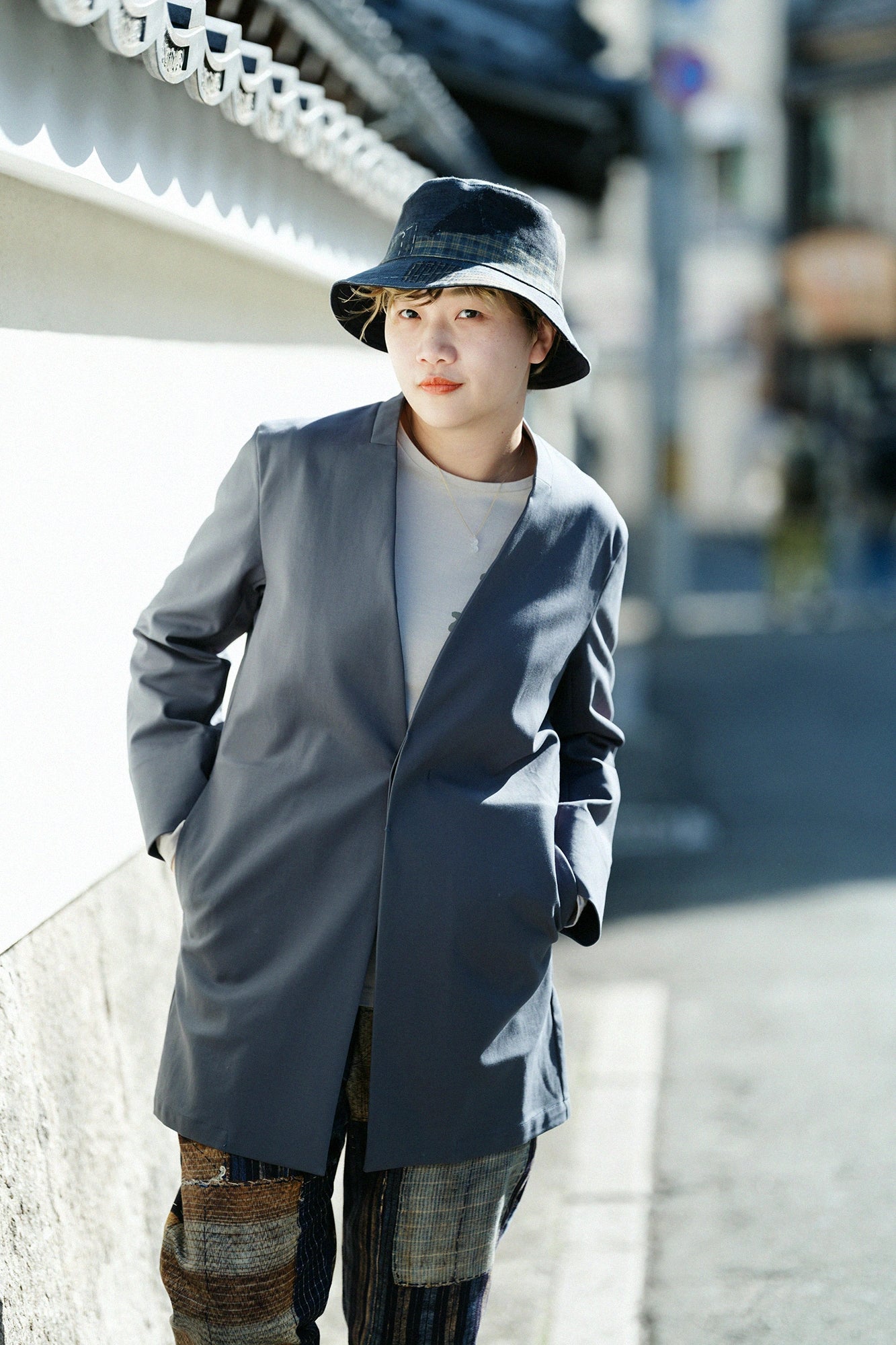 Double Cross Stretch Collarless Jacket/River Blue