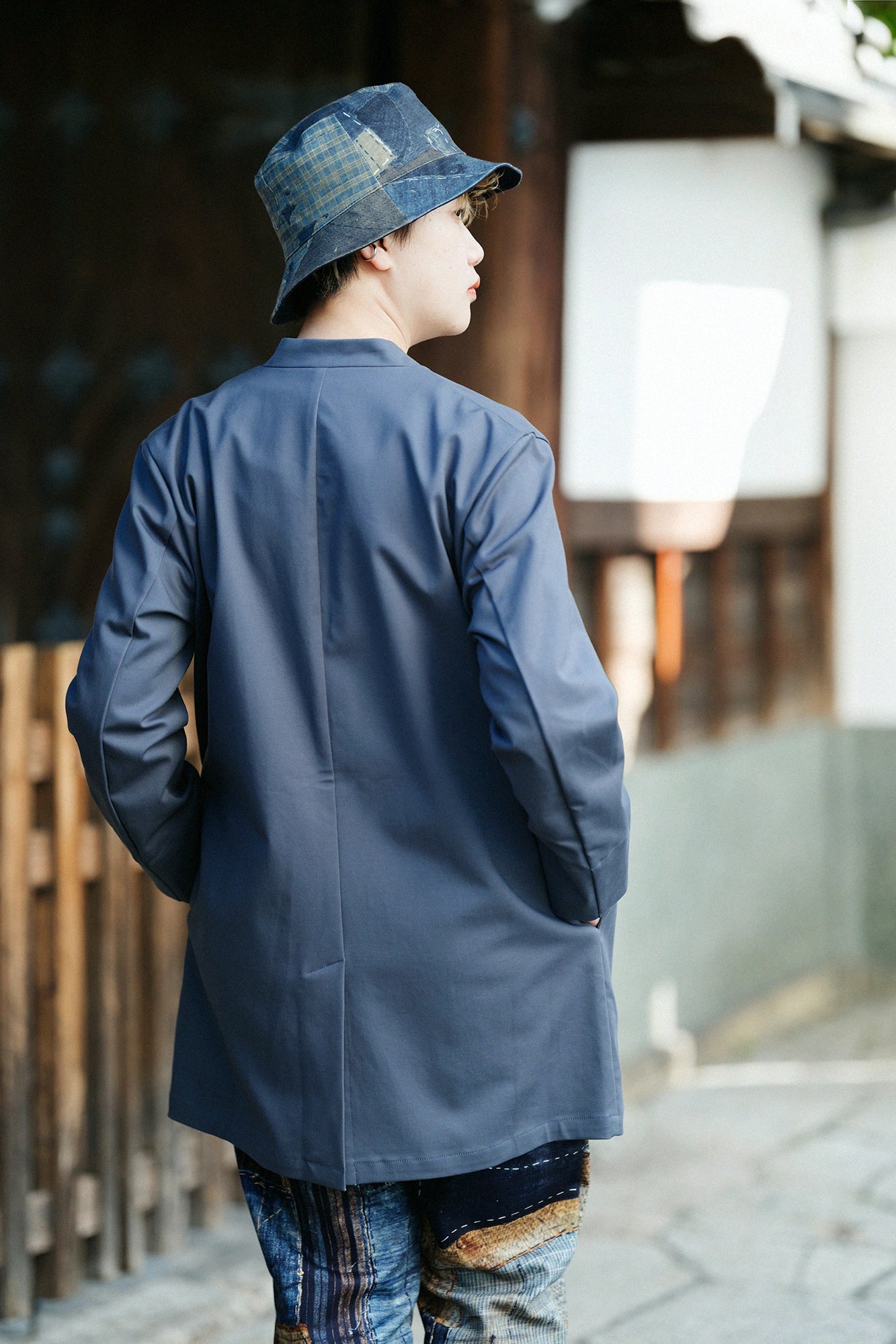 Double Cross Stretch Collarless Jacket/River Blue